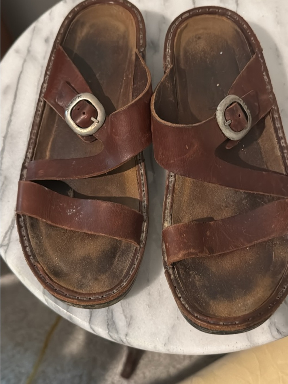 Naot 36 Brown Leather Buckle Slide Sandals